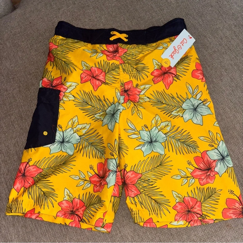 Cat & Jack Kids Swim Trunks - Yellow with Floral Print